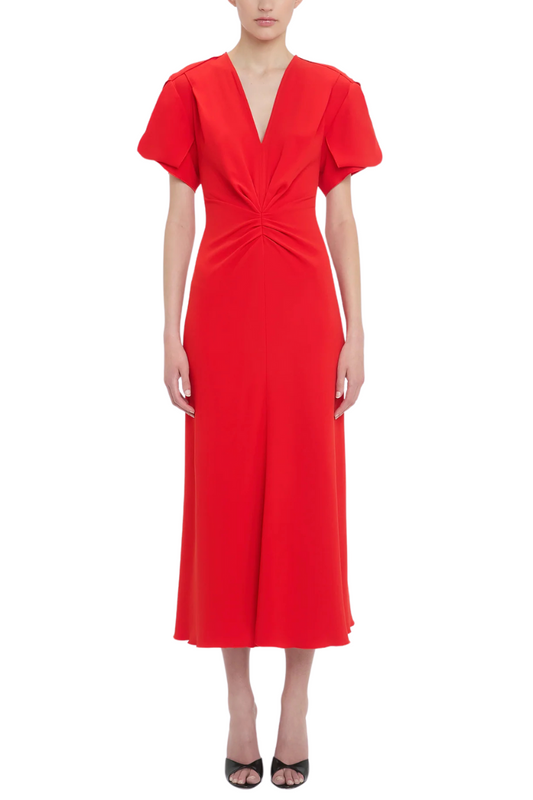 Gathered V-Neck Midi Dress-Victoria Beckham-Boyds Philadelphia