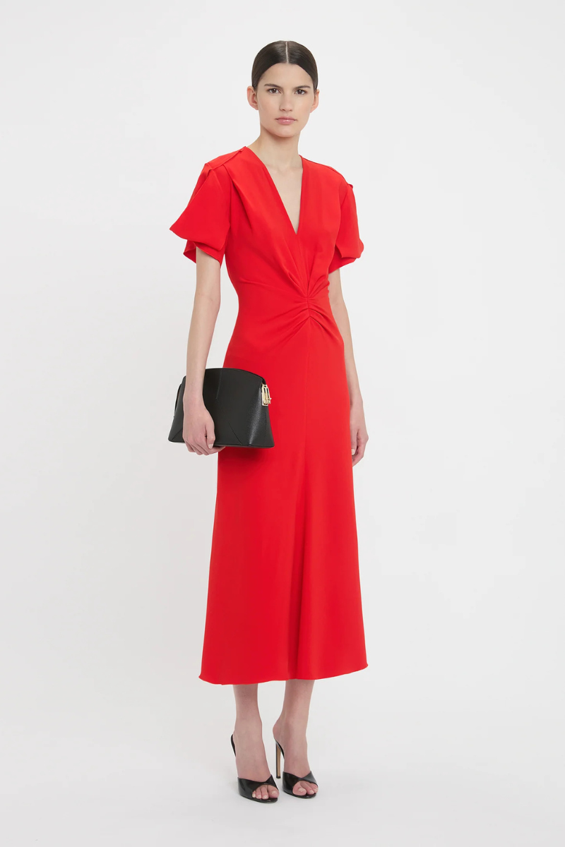 Gathered V-Neck Midi Dress-Victoria Beckham-Boyds Philadelphia