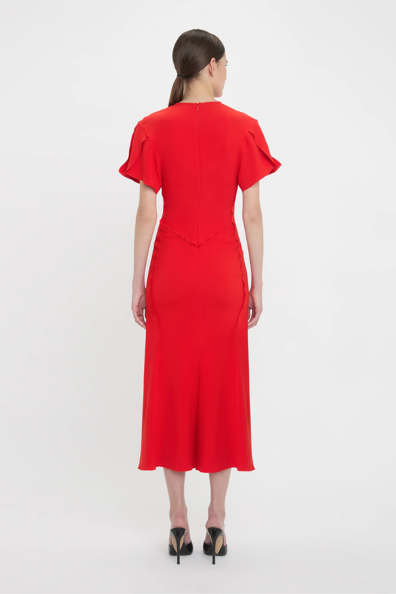 Gathered V-Neck Midi Dress-Victoria Beckham-Boyds Philadelphia