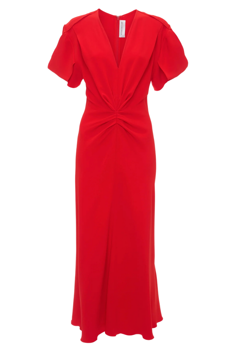 Gathered V-Neck Midi Dress-Victoria Beckham-Boyds Philadelphia