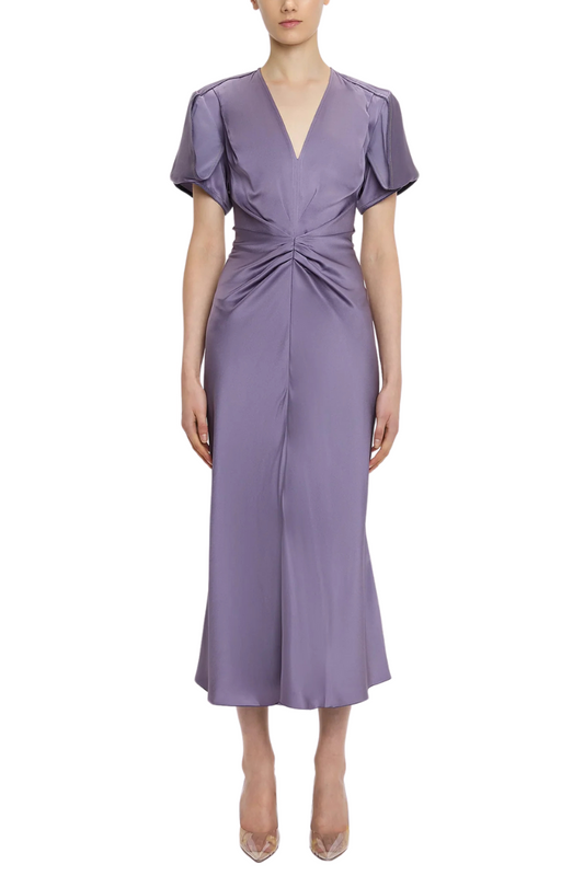 Gathered V-Neck Midi Dress-Victoria Beckham-Boyds Philadelphia