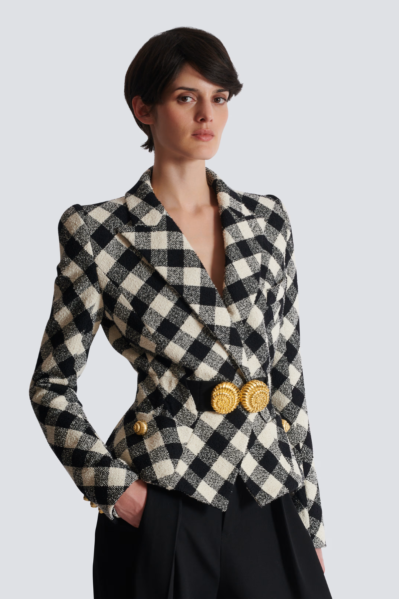 Belted Gingham Tweed Jacket-Balmain-Boyds Philadelphia