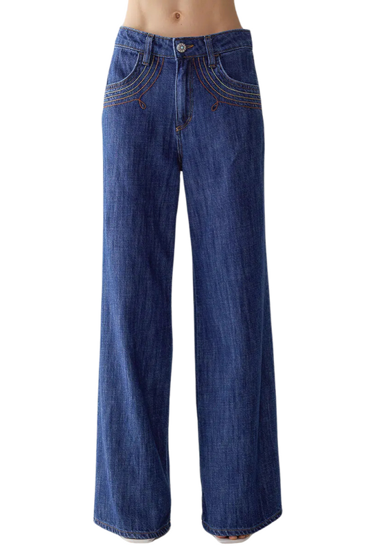 Wide Leg Tobacco Embroidered Jeans-Shaft-Boyds Philadelphia